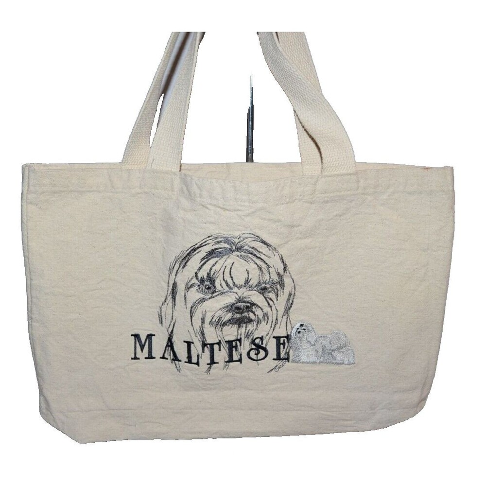 Vtg 90’s Maltese dog breed Canvas Tote bag‎ Embroidered